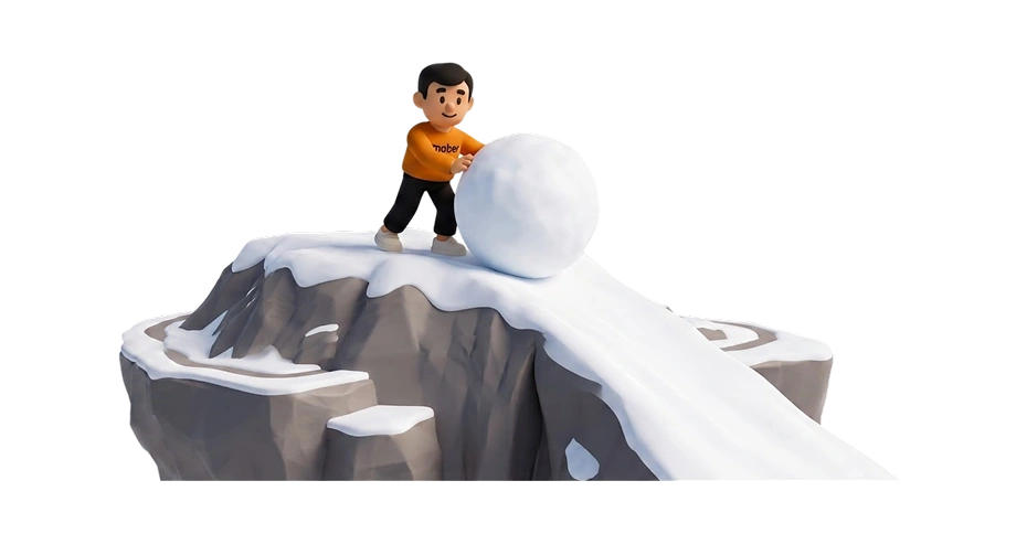 Bud, the Mober mascot pushing a snowball down a mountain