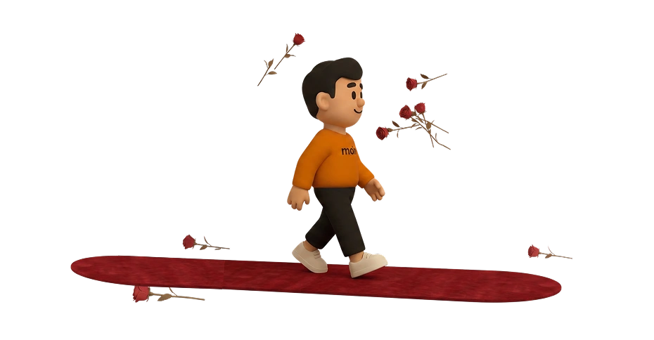 Bud, the Mober mascot, walking a red carpet with roses
