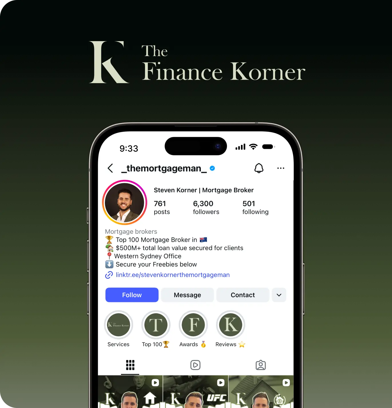 Instagram profile of Steven Korner, finance broker at The Finance Korner and Mober client