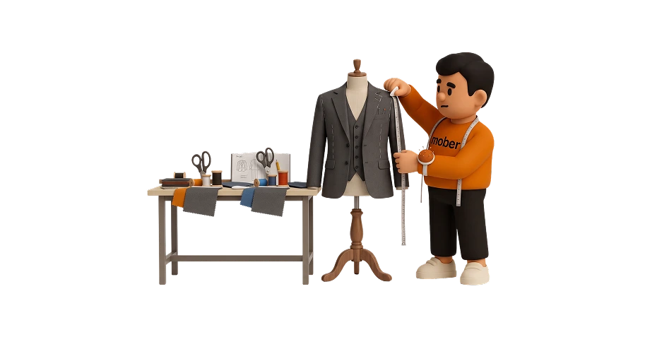 Bud, the Mober mascot, tailoring a suit on a mannequin, representing custom-built landing pages tailored to each mortgage broker