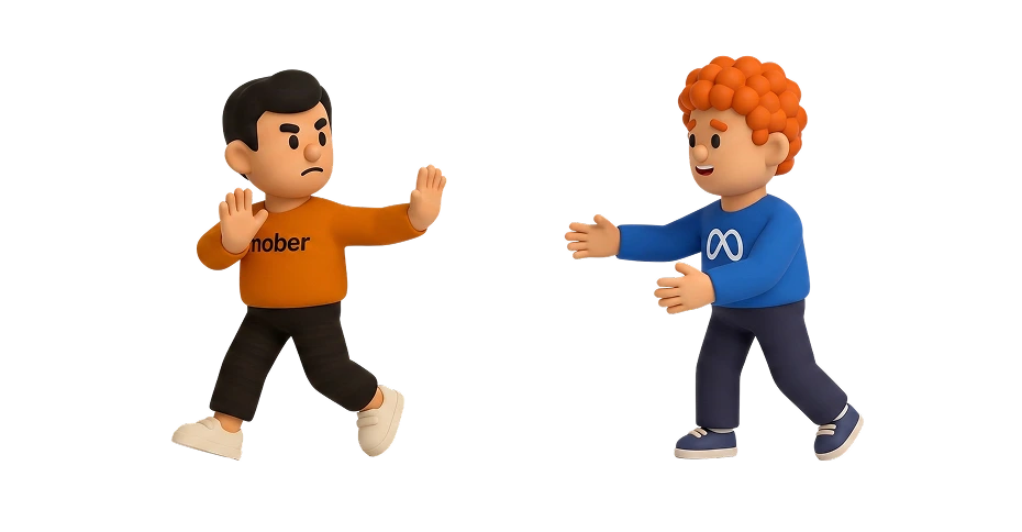 Bud, the Mober mascot, holding back a Meta character, representing protecting mortgage brokers from wasted Meta ad spend
