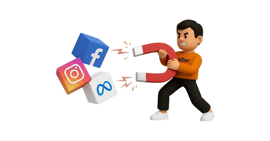 Bud, the Mober mascot, pulling in Facebook, Instagram and Meta with a magnet