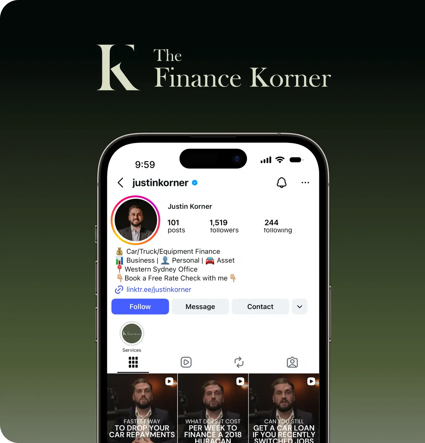 Instagram profile of Justin Korner, finance broker at The Finance Korner and Mober client