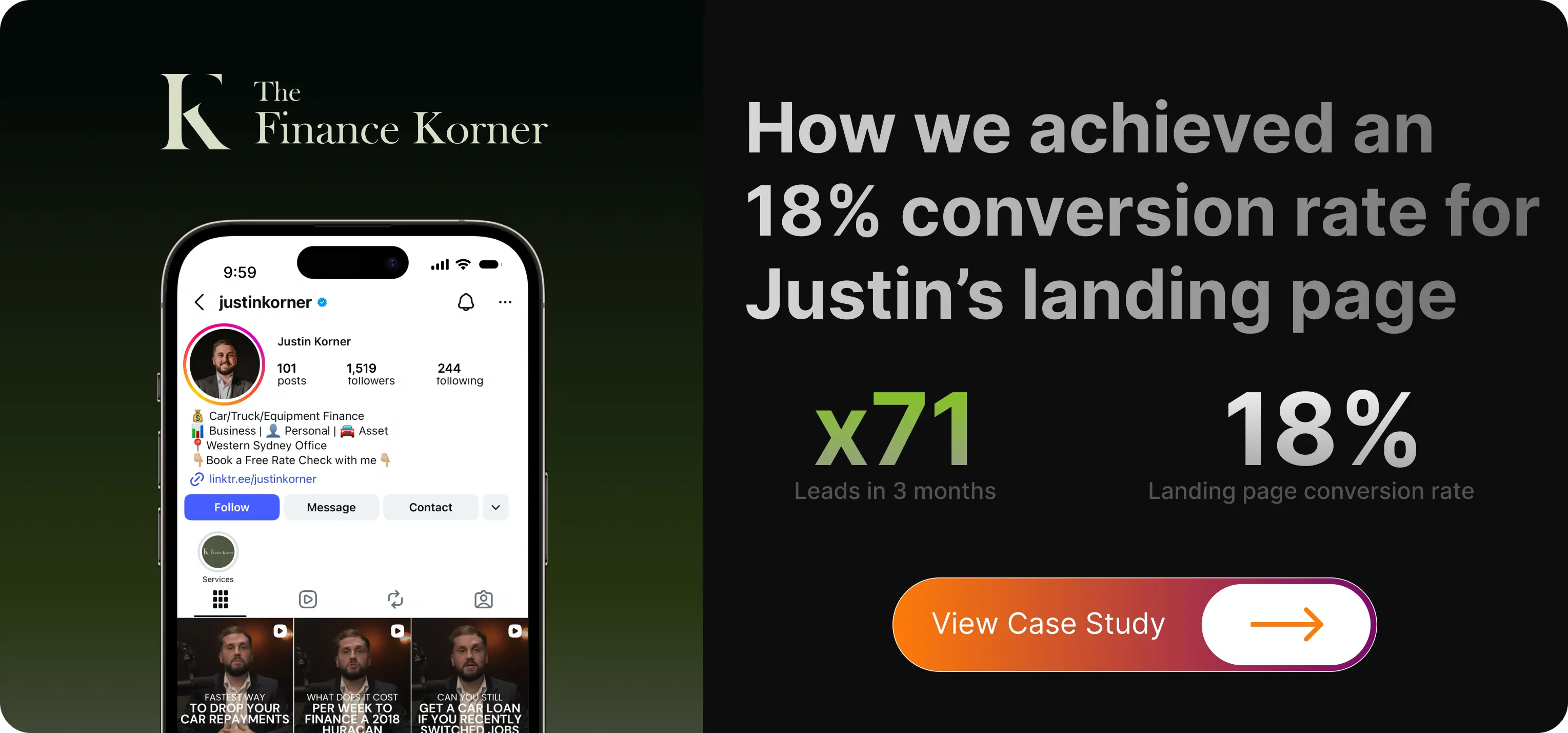 How we achieved an 18% conversion rate for Justin's landing page, 71 leads in 3 months and 18% landing page conversion rate