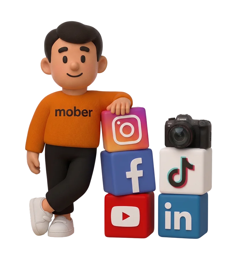 Bud, the Mober mascot, leaning on social media blocks with a camera on top of them