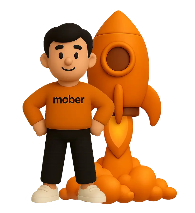 Bud, the Mober mascot, standing next to an orange rocket ship