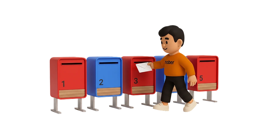 Bud, the Mober mascot, posting an envelope into a row of numbered mailboxes