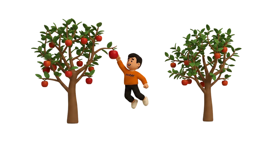 Bud, the Mober mascot, picking low hanging fruit from a tree