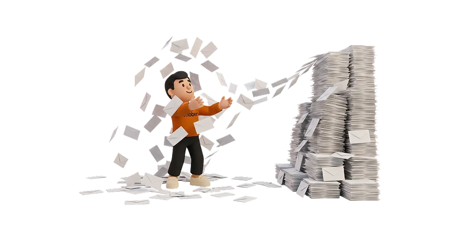 Bud, the Mober mascot, sending a stream of envelopes onto huge stacks