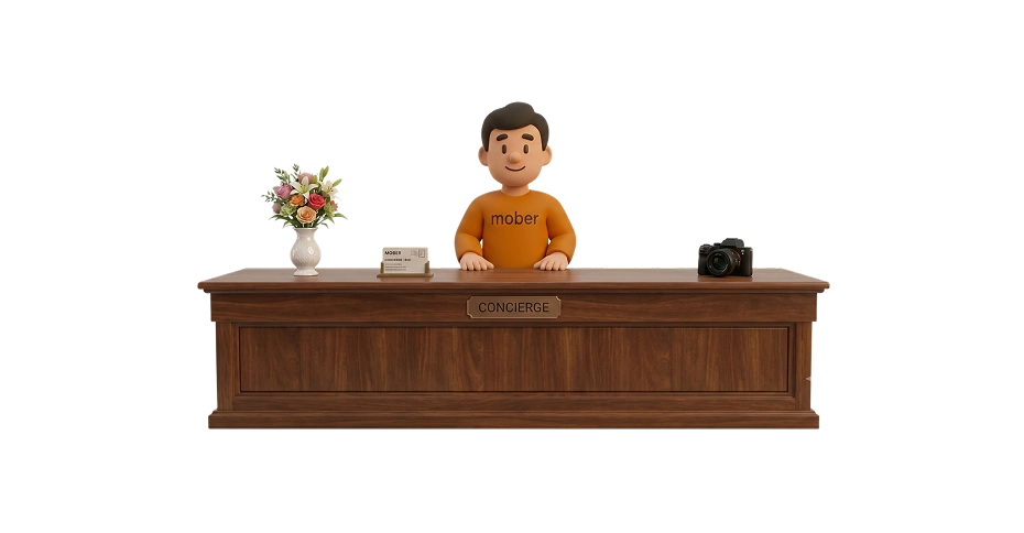 Bud, the Mober mascot, at a concierge desk
