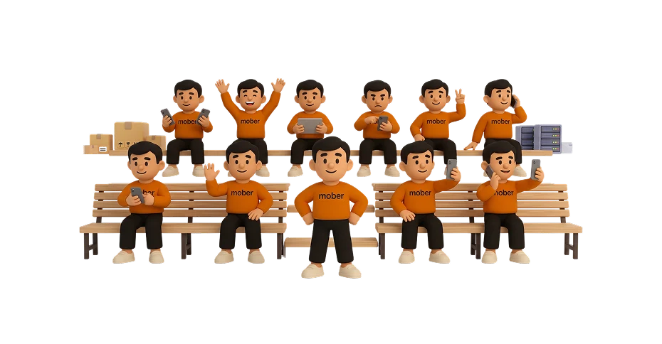 A team of Bud mascots on benches with phones and laptops
