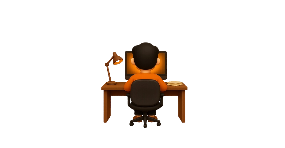 Bud, the Mober mascot, working at a computer late with a desk lamp on