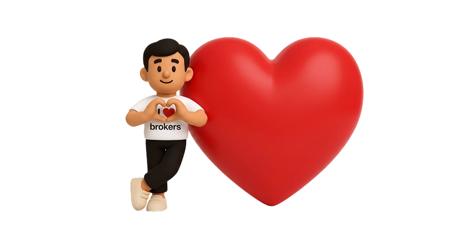 Bud, the Mober mascot, wearing an 'I love brokers' shirt beside a giant heart