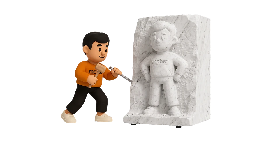 Bud, the Mober mascot, sculpting a marble statue of himself