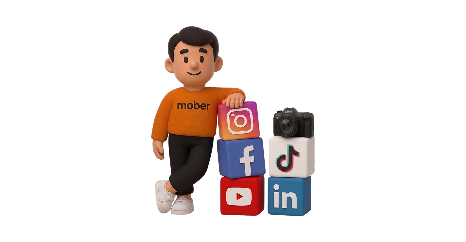 Bud, the Mober mascot, leaning on Instagram, Facebook, TikTok, YouTube and LinkedIn blocks with a camera