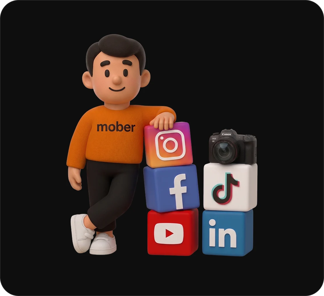 Mober mascot Bud filming with a professional video camera, capturing high-quality marketing content for finance brokers