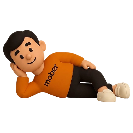 Mober mascot laying relaxed on his side