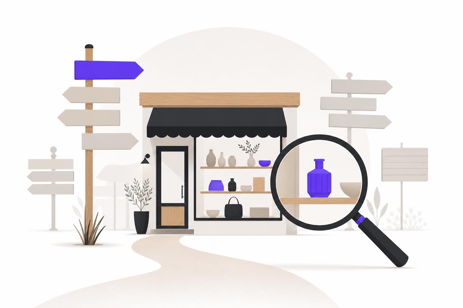 Illustration editoriale — Commerce spécialisé et marques de niche (S4) : les annuaires et signaux qui font apparaître votre boutique sur une requête produit précise