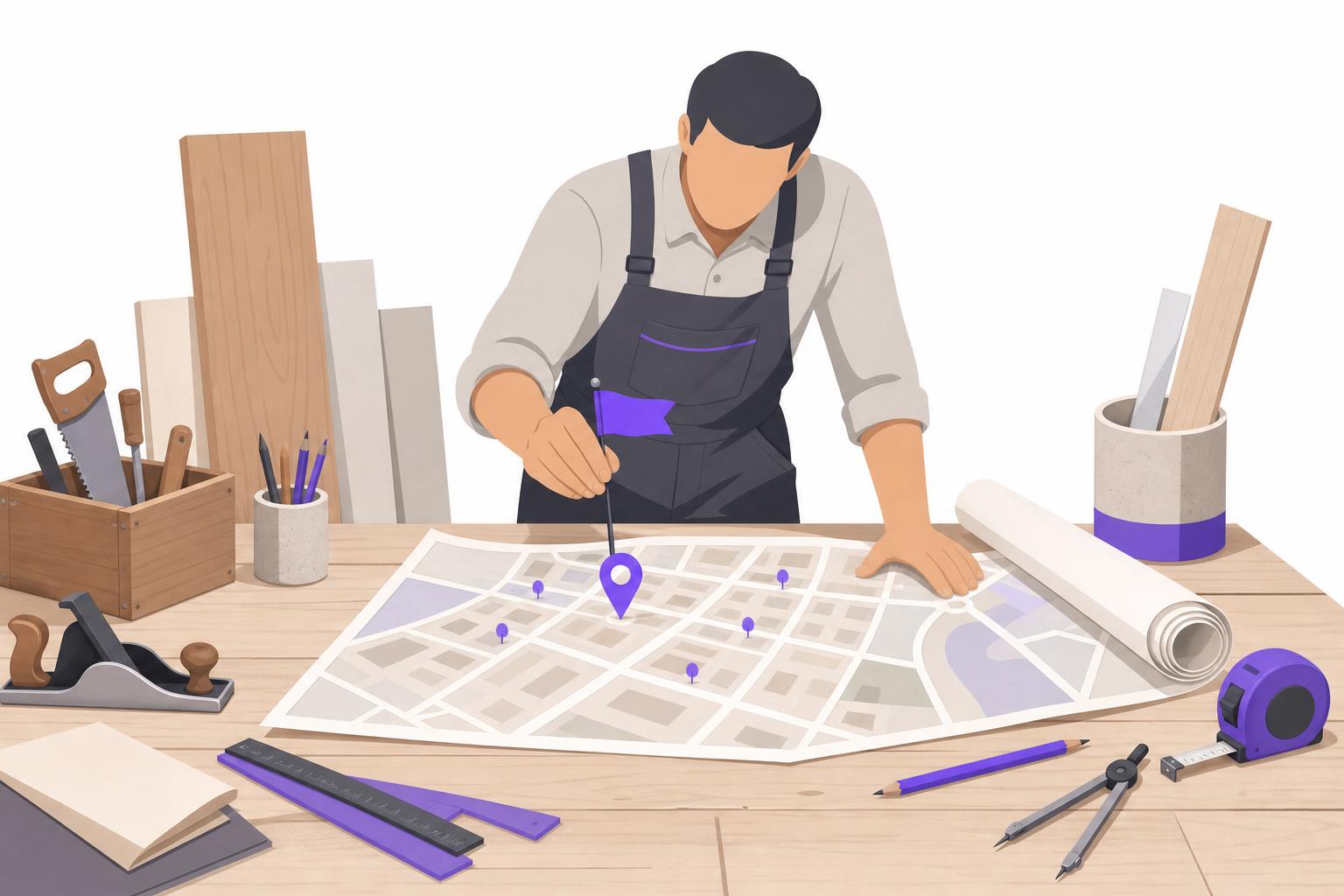 Illustration editoriale — SEO local ou national : que choisir pour un artisan du BTP ou de l’agencement (S1) qui veut des chantiers près de chez lui