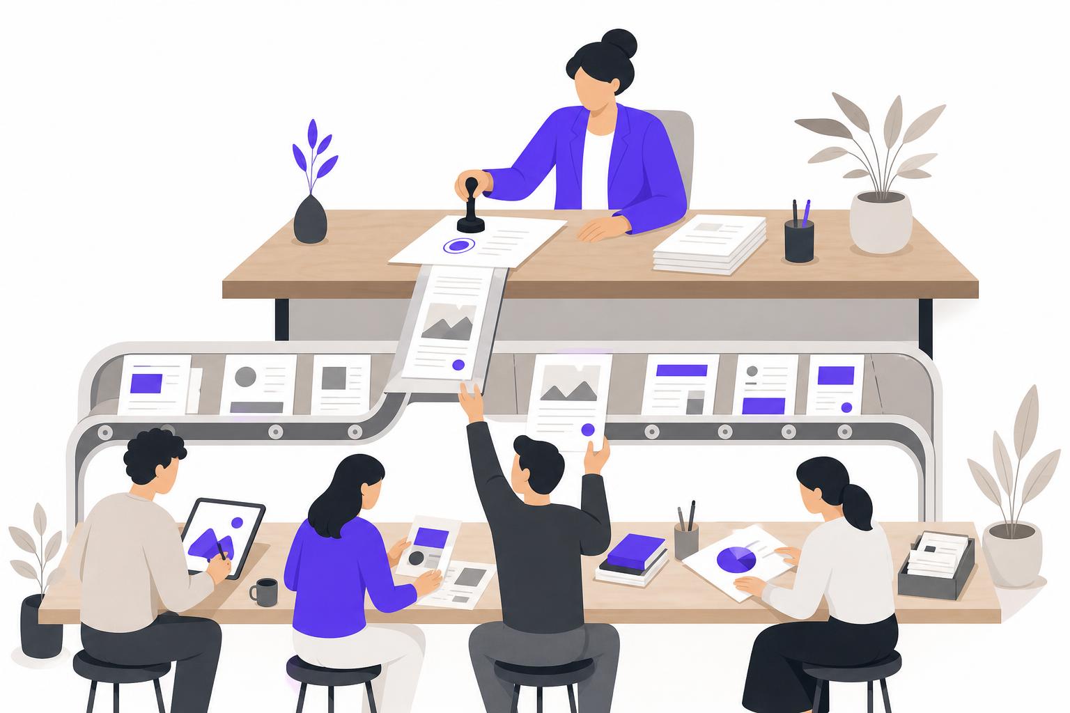 Illustration editoriale — Déléguer sa visibilité sans perdre le contrôle : la méthode en 6 étapes pour un dirigeant de PME qui valide au lieu de produire