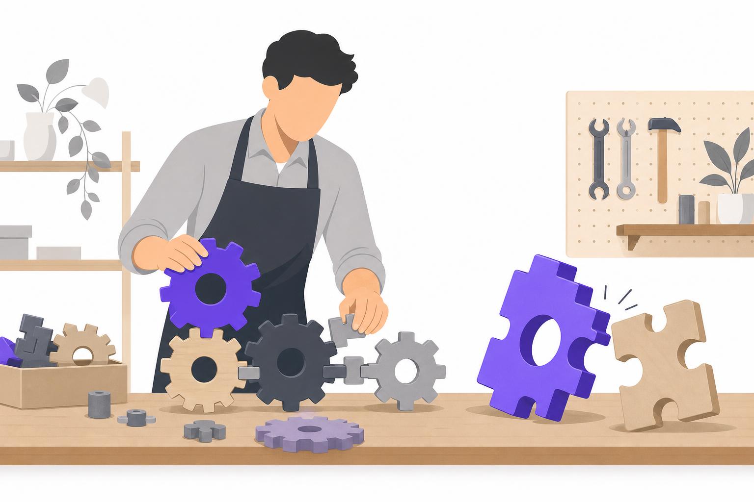 Illustration editoriale — Outils no-code pour automatiser sa PME : ce qu’ils font vraiment, ce qu’ils coûtent et leurs limites face à un système possédé