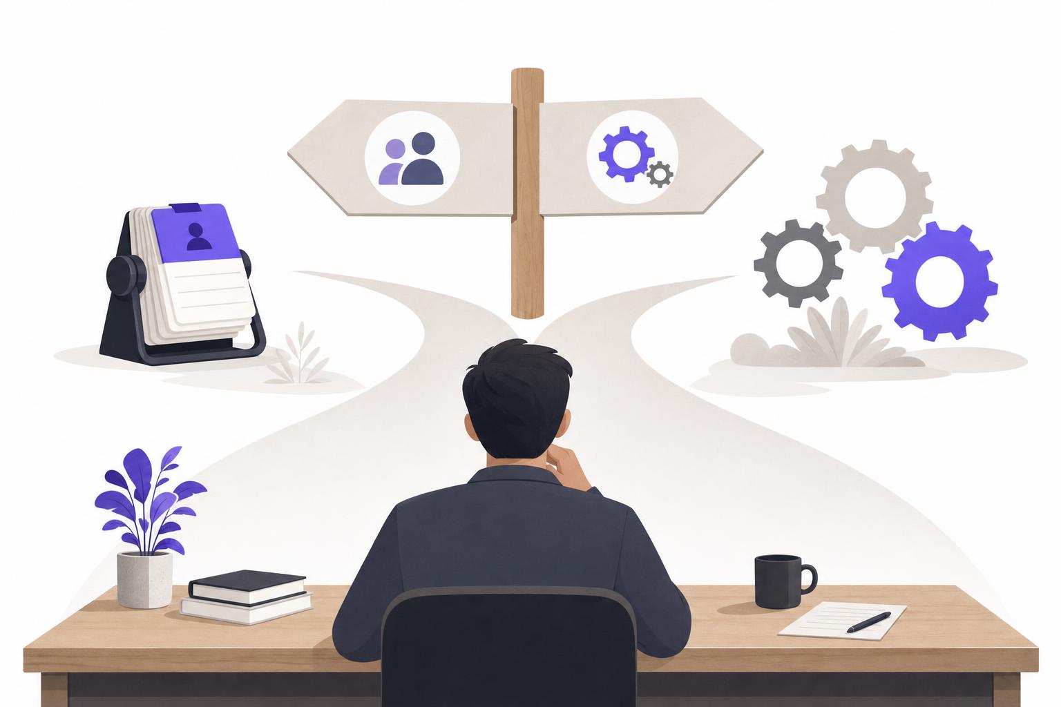 Illustration editoriale — CRM ou ERP pour une PME : quelle différence, lequel choisir et quand un simple système de suivi suffit