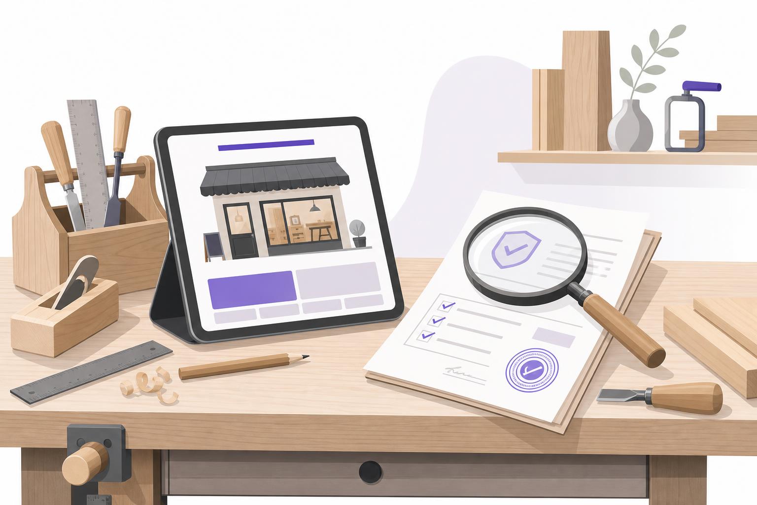 Illustration editoriale — Publicité et démarchage en ligne pour un artisan du BTP ou de l’agencement (S1) : ce qui est obligatoire, autorisé ou risqué sur son site et sa fiche Google