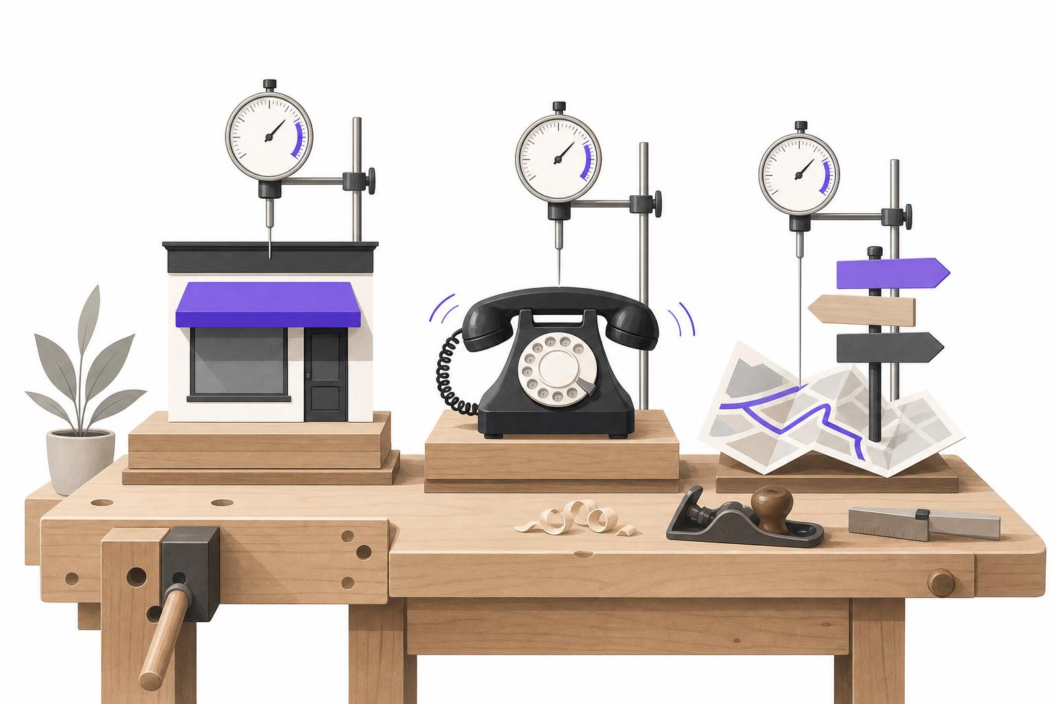 Illustration editoriale — Artisan BTP/agencement (S1) : les 3 chiffres à relever sur sa fiche Google pour savoir si elle ramène vraiment des chantiers