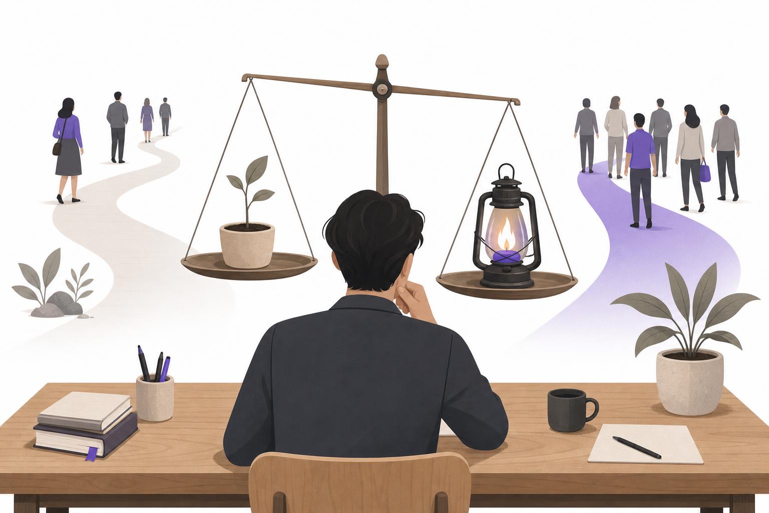 Illustration editoriale — Référencement naturel ou payant : lequel choisir quand on est une PME B2B et qu’on ne trouve pas ses clients