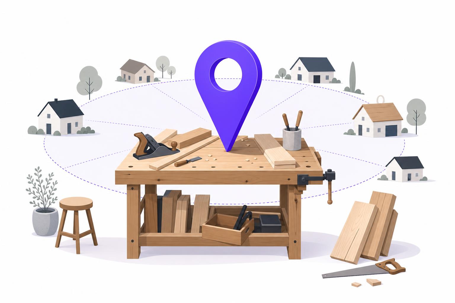 Illustration editoriale — Référencement local d’un artisan du BTP ou de l’agencement (S1) : être trouvé sur les requêtes « métier + près de moi » pour capter des chantiers
