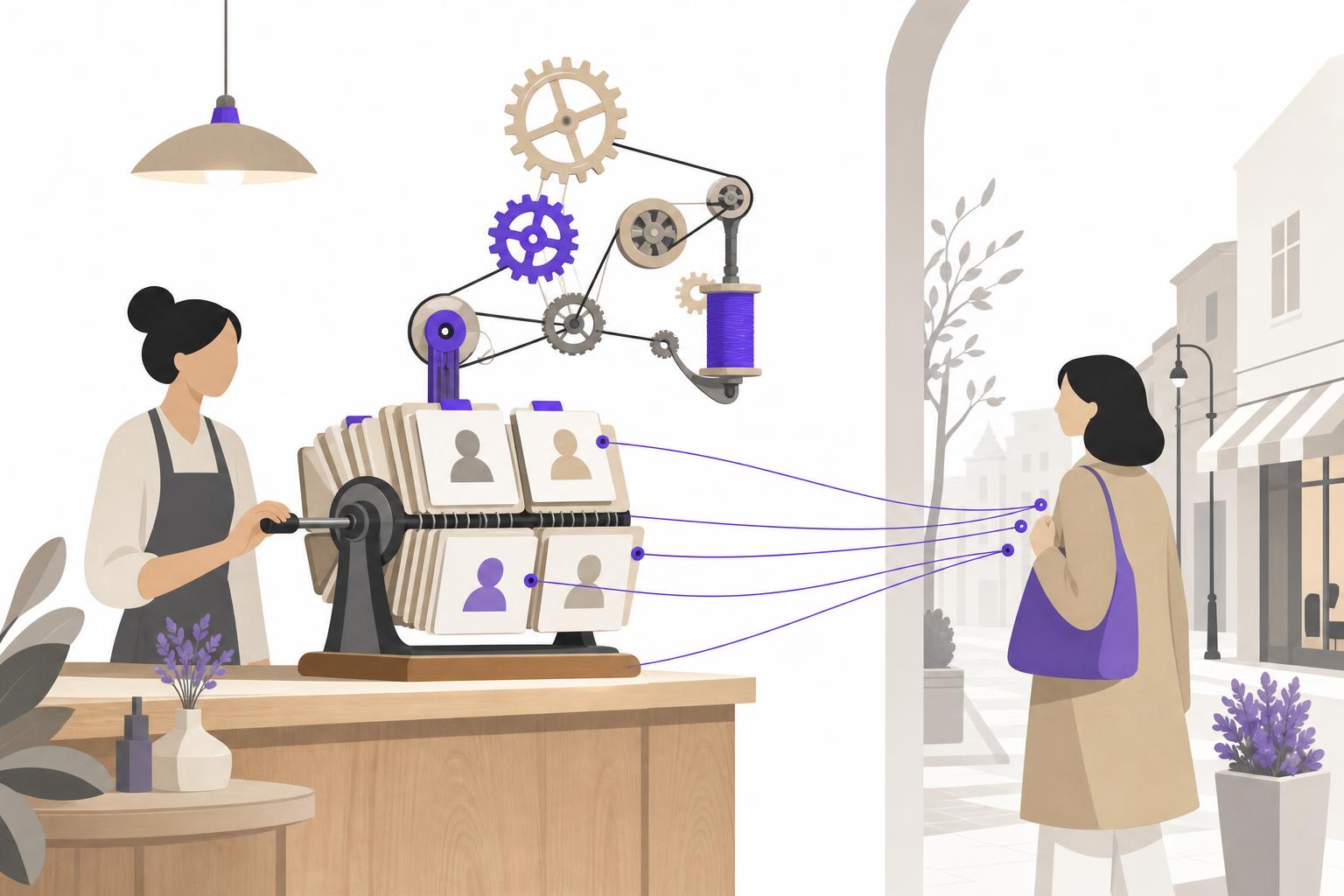 Illustration editoriale — Commerce spécialisé et marques de niche (S4) : le système de suivi de contacts et de relance qui garde les clients fidèles entre deux pics de vente
