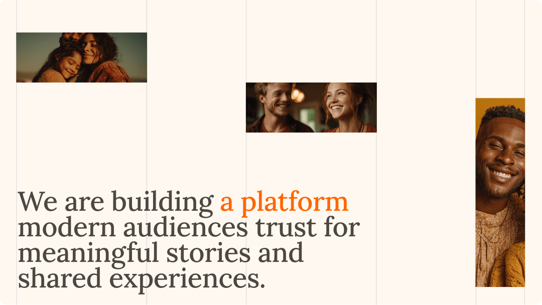 Presentation design featuring an editorial-style layout with lifestyle photography and messaging about building a trusted platform for meaningful stories and shared experiences.