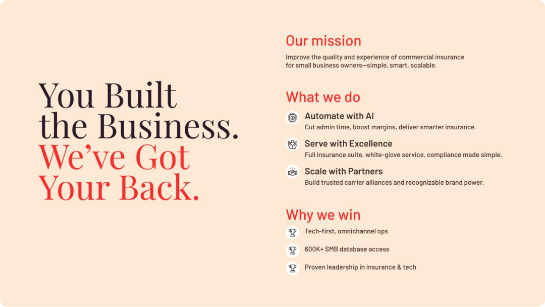 Investor presentation slide outlining a company's mission, service offerings, and competitive advantages.
