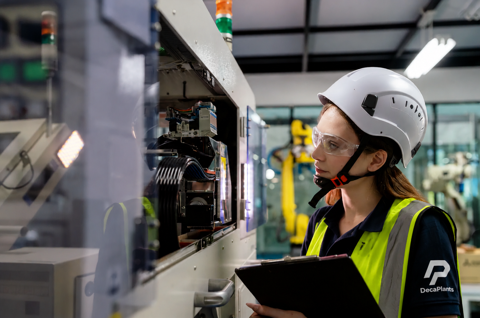 Female engineer in a hard hat and safety glasses inspecting machinery while holding a clipboard in a factory.