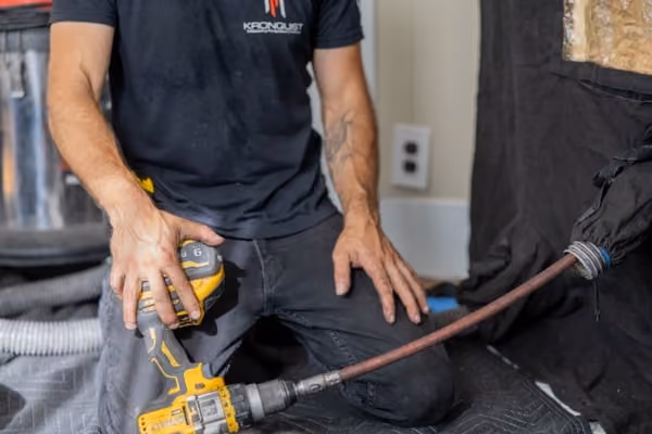 Chimney sweeper kneeling indoors holding a yellow power drill connected to a long flexible rod.