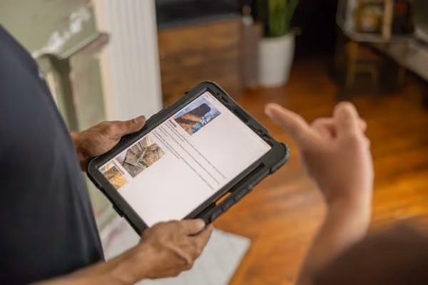 Person holding a rugged tablet showing a chimney inspection report, another person gestures nearby.