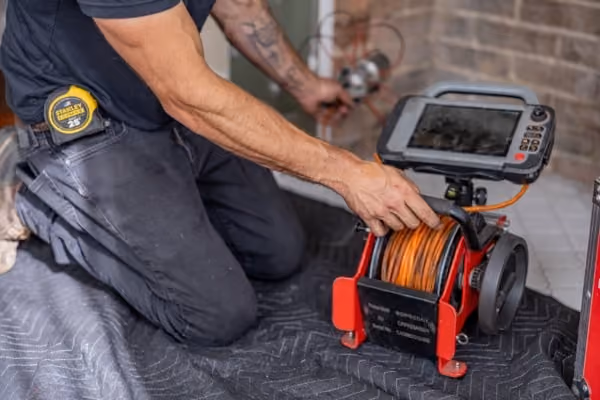 Person kneeling using a chimney inspection camera with a monitor on a black cloth-covered floor.