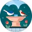 Illustration of a bathtub with water, bubbles, and three rubber ducks, one in water and two around tub.