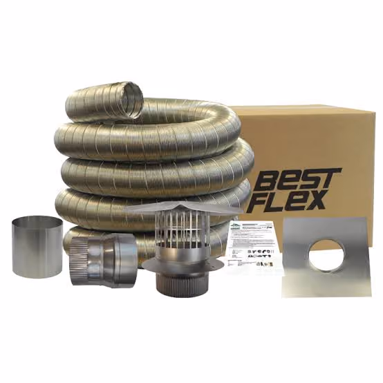 Coiled flexible chimney liner with fitting components and Best Flex branded cardboard box on white background.