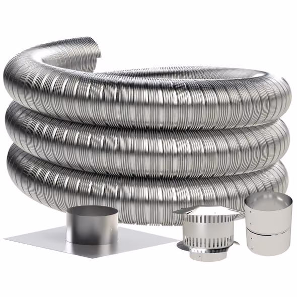 Chimney liner parts with flexible aluminum ducting with three metal vent and fittings on a white background.