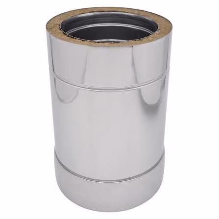 Two stainless steel chimney pipe sections, one tall and one short, with open ends.