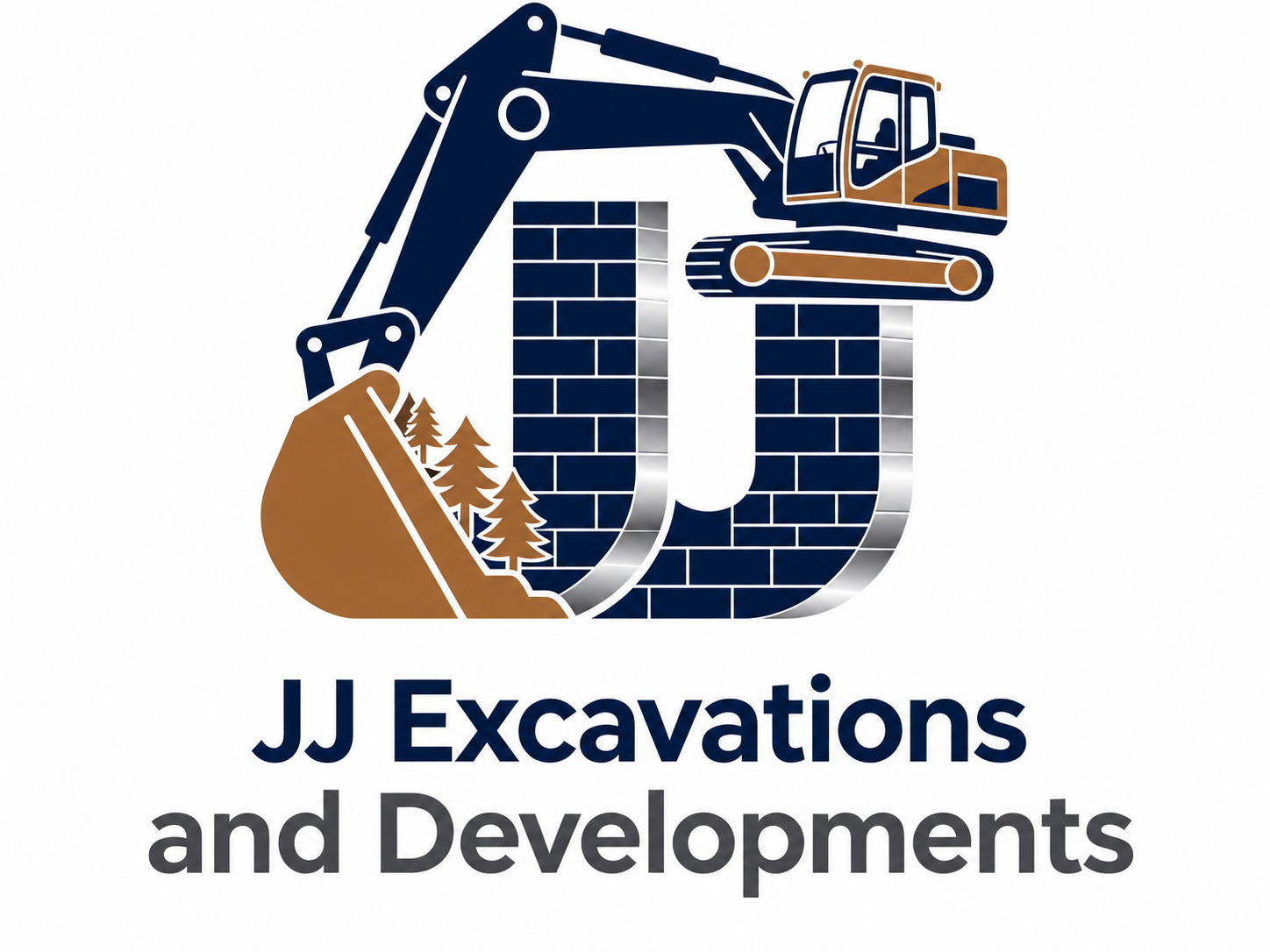 Logo with excavator and trees forming JJ in brick and brown colors for JJ Excavations and Developments.