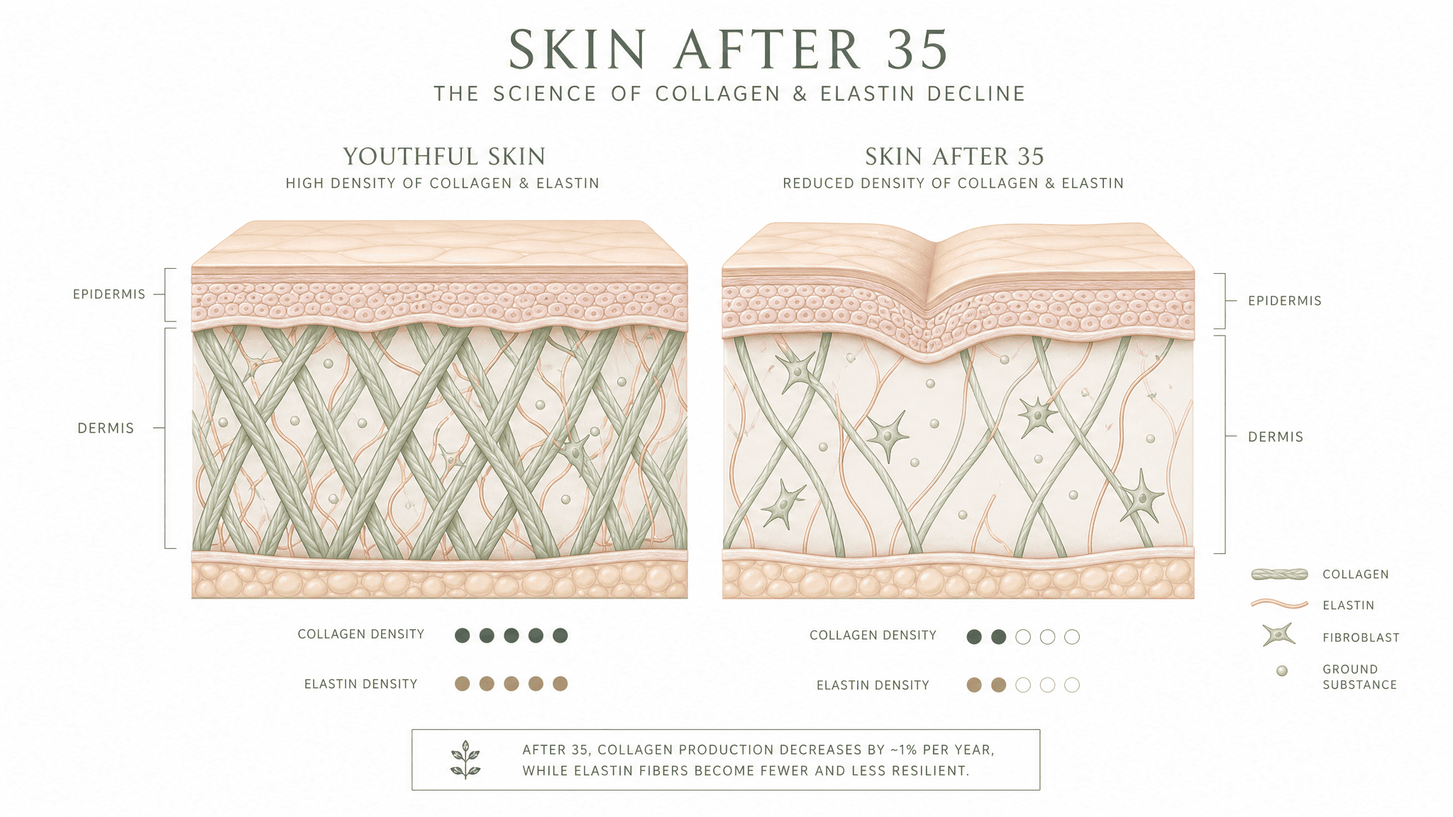 Skin layer cross-section infographic showing collagen decline