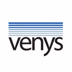 Logo mit dem Schriftzug 'venys' unter blauen horizontalen Linien.