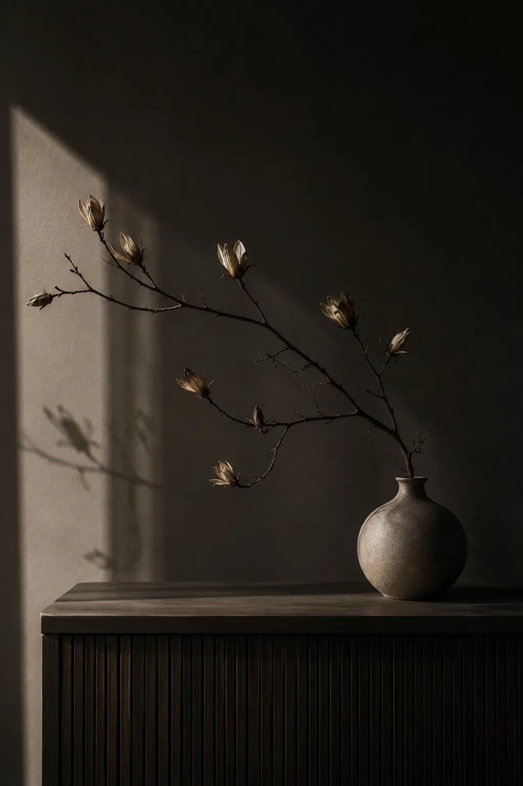 Minimal ceramic vase with flowering branches casting shadows on a dark wall