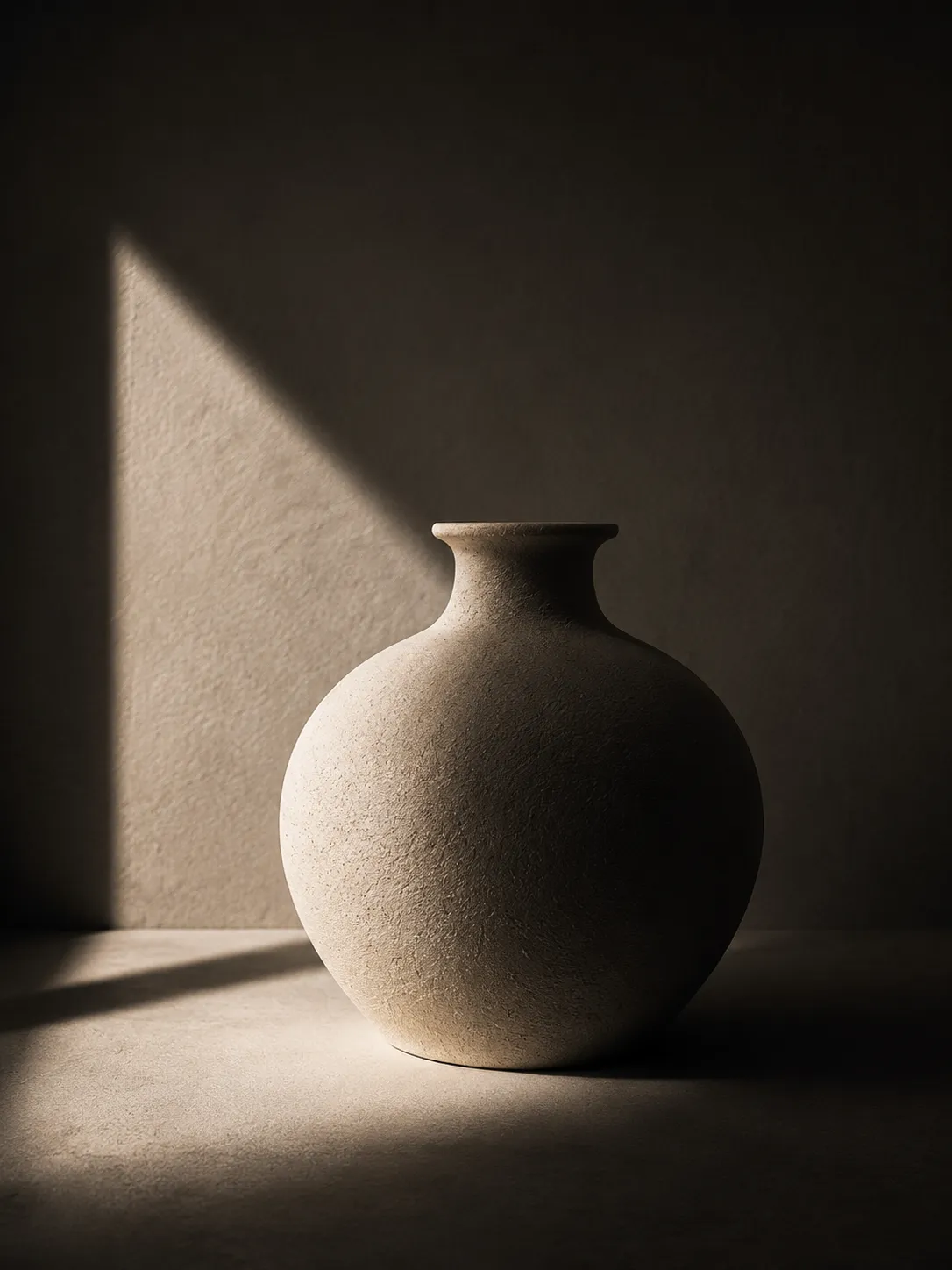 Textured ceramic vase lit by a sharp beam of warm sunlight