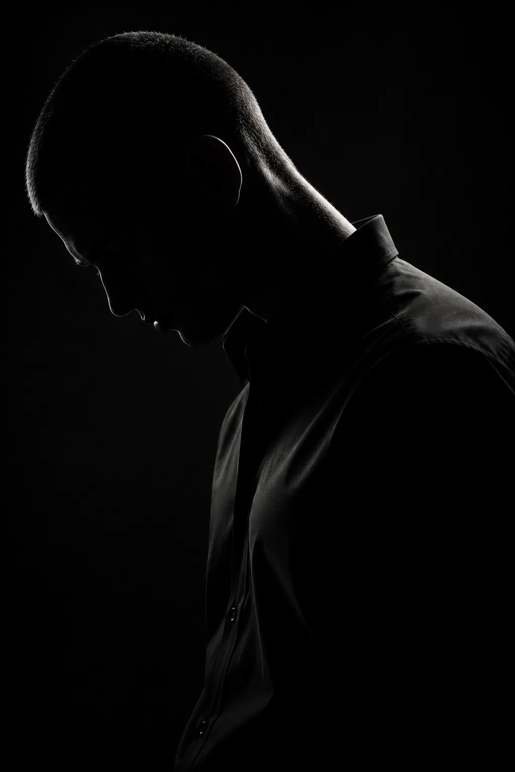 Low-key silhouette portrait of a man with his head bowed