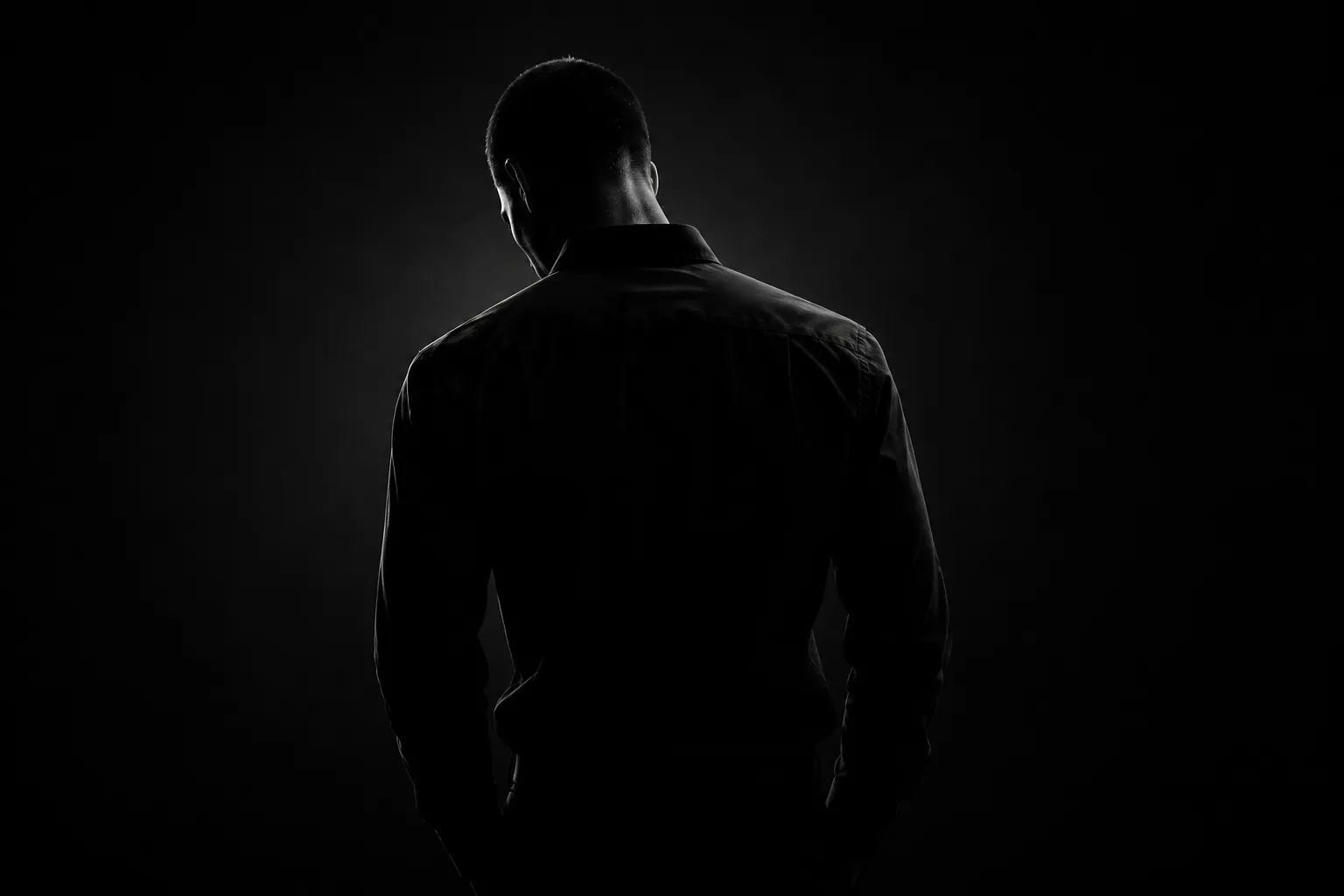Rear-view silhouette of a man in a dark shirt against a black background