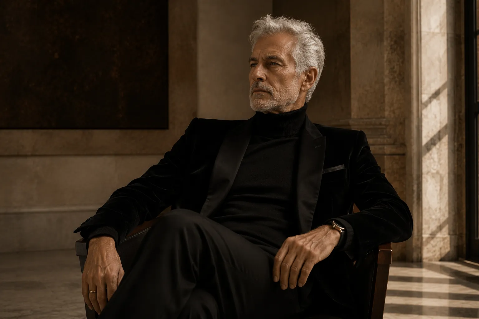 Distinguished older man with silver hair seated in a black velvet suit inside a refined gallery space