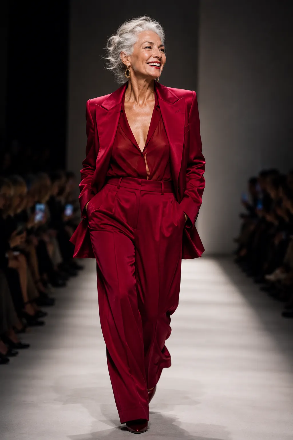 Smiling older woman with silver hair walking the runway in a crimson satin suit
